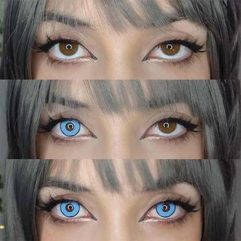 Model mit braunen Augen trägt  blaue farbige Kontaktlinsen von LIEBEVUE - Funky Blue Manson