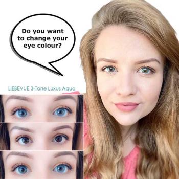 Preview: Liebevue Luxus Aqua – Blaugrüne Farbige Kontaktlinsen mit Stärke – 3 Monate – 2 Stück Preview: Model mit blauen farbigen Kontaktlinsen