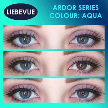 Wirkung der farbigen Kontaktlinsen LIEBEVUE Ardor Aqua auf die Augen Nahaufnahme