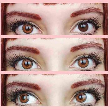 Wirkung der farbigen Kontaktlinsen LIEBEVUE Ardor Honey auf braunen Augen