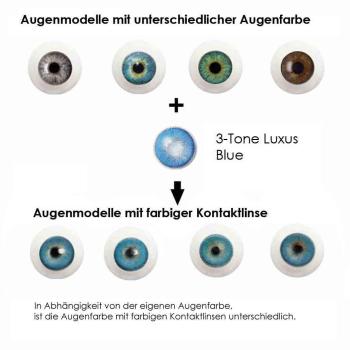 Preview: Liebevue Luxus Blue – Blaue farbige Kontaktlinsen mit Stärke – 3 Monate – 2 Stück Preview: Effekt der blauen farbigen Kontaktlisen auf unterschiedlichen Augenfarben