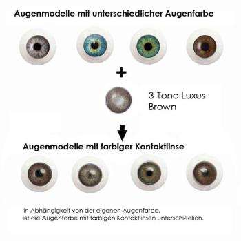 Preview: Liebevue Luxus Brown – Braune farbige Kontaktlinsen ohne Stärke – 3 Monate – 2 Stück Preview: Effekt der braunen farbigen Kontaktlisen auf unterschiedlichen Augenfarben