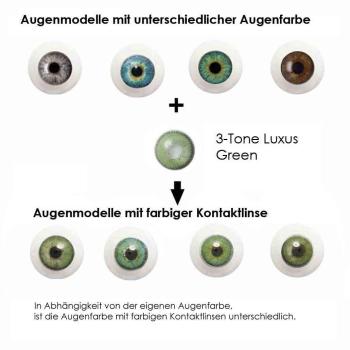 Preview: Liebevue Luxus Green – Grüne Kontaktlinsen ohne Stärke – 3 Monate – 2 Stück Preview: Effekt der farbigen Kontaktlisen auf unterschiedlichen Augenfarben