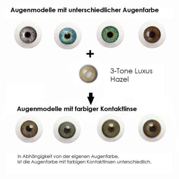 Preview: Liebevue Luxus Hazel – Braune farbige Kontaktlinsen – 3 Monate – 2 Stück Preview: Effekt der farbigen Kontaktlisen auf unterschiedlichen Augenfarben
