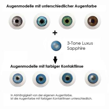 Preview: Liebevue Luxus Sapphire – Blaue Kontaktlinsen – natürliches Aussehen – mit Stärke und ohne Stärke – 3 Monate – 2 Stück Preview: Effekt der farbigen Kontaktlisen auf unterschiedlichen Augenfarben