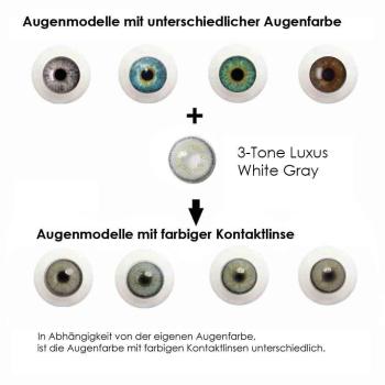 Preview: Liebevue Luxus White Gray – Graue farbige Kontaktlinsen mit Stärke – 3 Monate – 2 Stück Preview: Effekt der farbigen Kontaktlisen auf unterschiedlichen Augenfarben