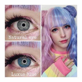 Preview: Liebevue Luxus Blue – Blaue farbige Kontaktlinsen mit Stärke – 3 Monate – 2 Stück Preview: LIEBEVUE Luxus Blue - Farbige Kontaktlinsen Effekt auf Auge