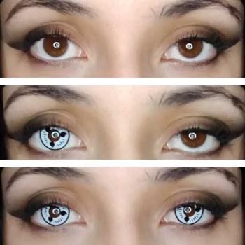 Preview: Weiße Kontaktlinsen – Liebevue Itachi White Sharingan – Anime Cosplay – 3 Monate – 2 Stück Preview: Weisse Sharingan Kontaktlinsen auf braunen Augen