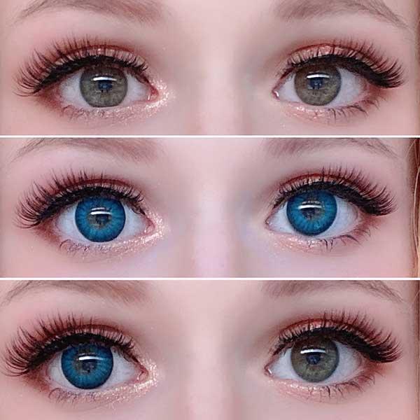 Blaue Kontaktlinsen auf grauen Augen