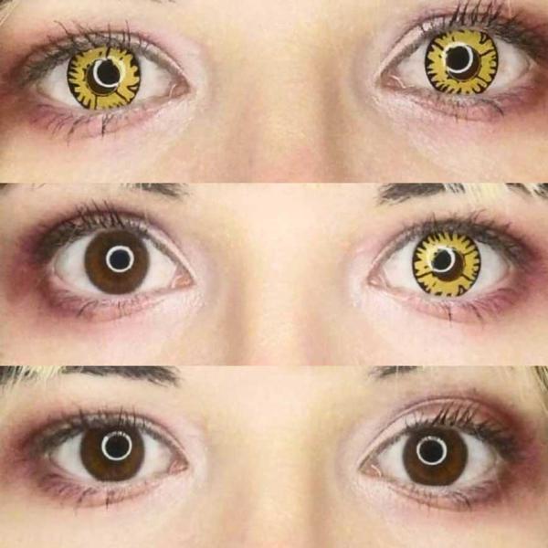 Gelb-schwarze Kontaktlinsen auf braunen Augen - LIEBEVUE Funky Twilight New Moon