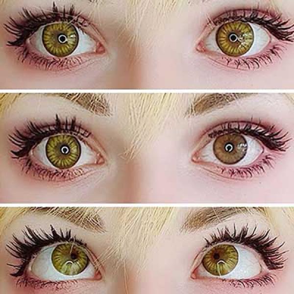 Farbige Kontaktlinsen Motivlinsen LIEBEVUE Blitz Yellow Vergleich auf braunen Augen
