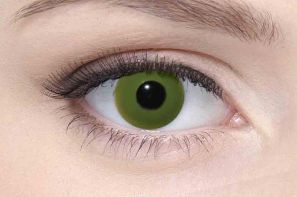 Farbige Kontaktlinsen Motivlinsen LIEBEVUE Colour Accent solid Green im Auge getragen