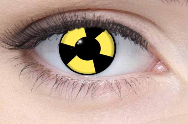 Farbige Kontaktlinsen Motivlinsen LIEBEVUE Radiate Strahlung Warnzeichen getragen