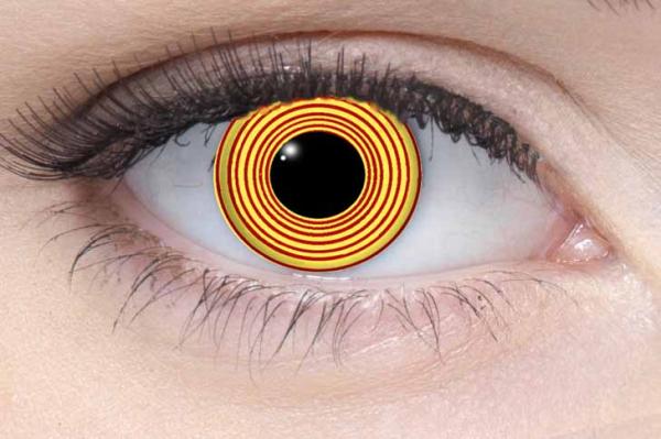 Farbige Kontaktlinsen Motivlinsen LIEBEVUE Red Spiral rote Spirale auf gelb getragen