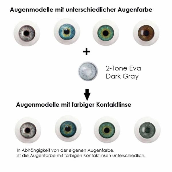 Farbige Kontaktlinsen LIEBEVUE 2-Tone Eva Dark Gray Effekt auf 4 verschiedenen Augenfarben