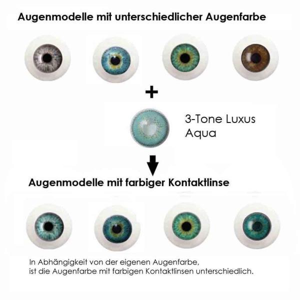 Farbige Kontaktlinsen LIEBEVUE 3-Tone Luxus Aqua Effekt auf 4 verschiedenen Augenfarben