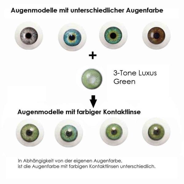 Farbige Kontaktlinsen LIEBEVUE 3-Tone Luxus Green Effekt auf 4 verschiedenen Augenfarben