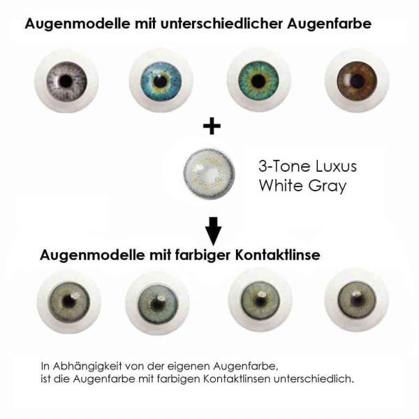 Farbige Kontaktlinsen LIEBEVUE 3-Tone Luxus White Gray Effekt auf 4 verschiedenen Augenfarben