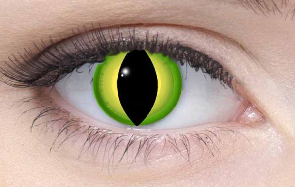 Farbige Kontaktlinsen Motivlinsen LIEBEVUE Anaconda gruenes Schlangenauge getragen
