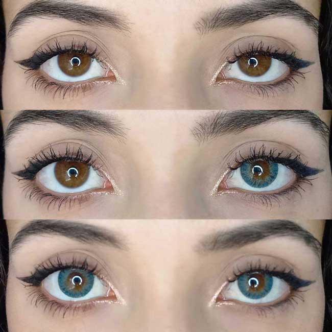 Model mit braunen Augen trägt blaue Kontaktlinsen - LIEBEVUE Ardor Aqua