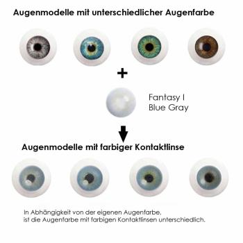 Coloured contact lenses Elena Bellucci Fantasy Series 1 Blue Gray effect on 4 different eye colours