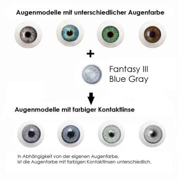 Preview: Elena Bellucci Fantasy III Blue Gray – Coloured Contact Lenses without power – 3 Months – 2 Lenses Preview: Effect of Blue Gray Contact Lenses on different eye colours