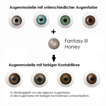 Coloured contact lenses Elena Bellucci Fantasy Series 3 Honey effect on 4 different eye colours