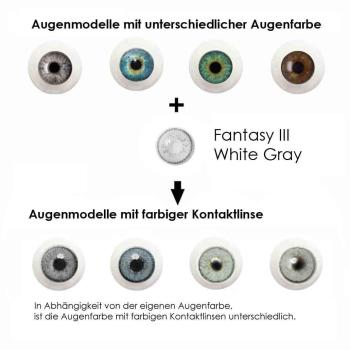 Coloured contact lenses Elena Bellucci Fantasy Series 3 White Gray effect on 4 different eye colours