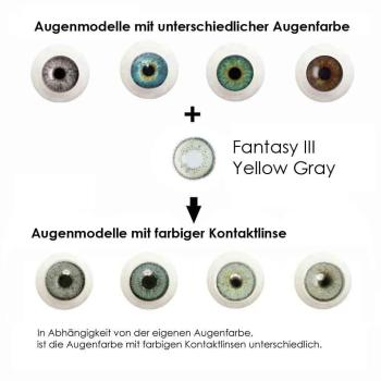 Coloured contact lenses Elena Bellucci Fantasy Series 3 Yellow Gray effect on 4 different eye colours
