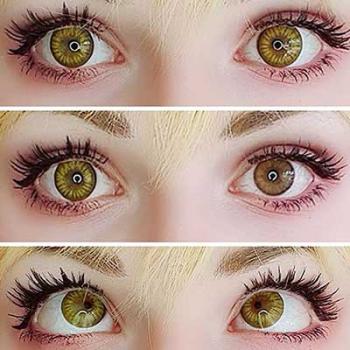 Coloured contact lenses costume contacts LIEBEVUE Blitz Yellow on off comparison on brown iris