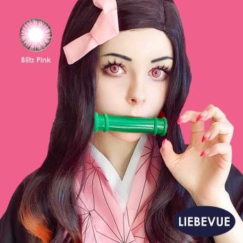 Coloured contact lenses costume contacts LIEBEVUE Blitz Pink worn with Nezuko cosplay