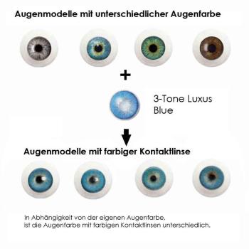 Coloured contact lenses LIEBEVUE 3-Tone Luxus Blue effect on 4 different eye colours