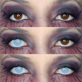 Preview: Liebevue Funky White Mesh – Coloured Contact Lenses – Cosplay – 3 Months – 2 Lenses Preview: Effect of the white contact lenses Liebevue Funky White Mesh on brown eyes