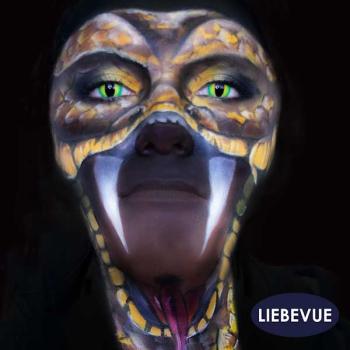 Model wears the green contact lenses for cosplay or Halloween - LIEBEVUE Funky Anaconda motif lenses