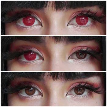 Preview: Liebevue Funky Red Screen – Coloured Contact Lenses – Cosplay – 3 Months – 2 Lenses Preview: Red contact lenses on brown eyes