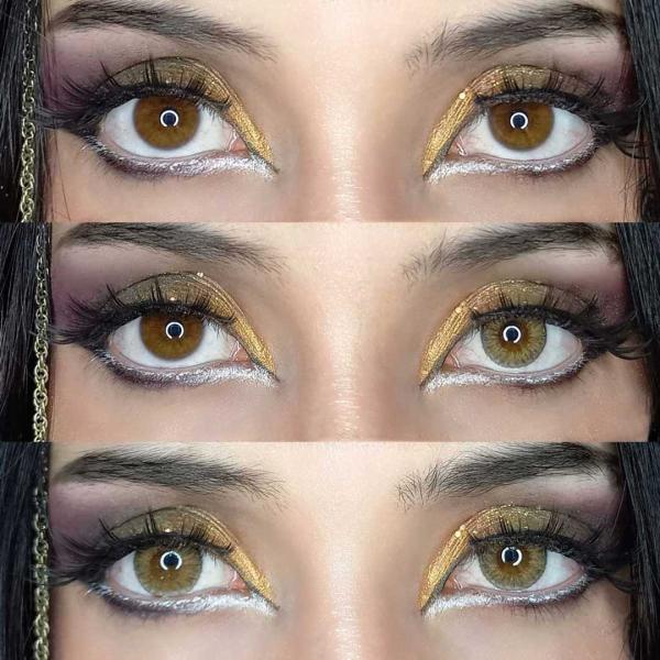 Model wears hazel coloured lenses on brown eyes - LIEBEVUE Ardor Hazel