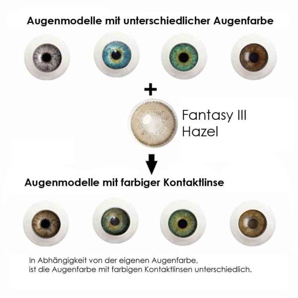 Coloured contact lenses Elena Bellucci Fantasy Series 3 Hazel effect on 4 different eye colours