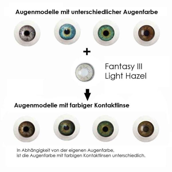 Coloured contact lenses Elena Bellucci Fantasy Series 3 Light Hazel effect on 4 different eye colours