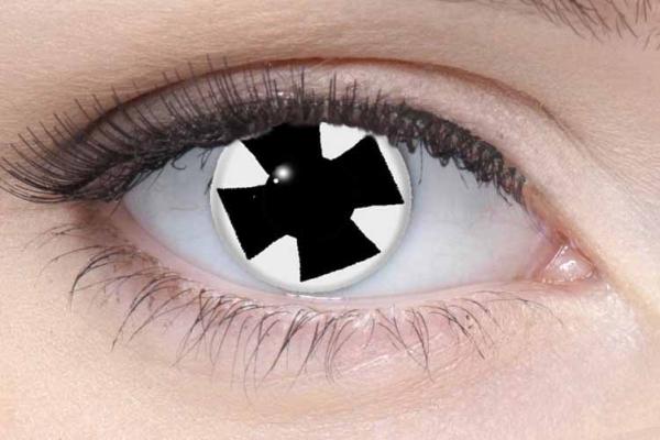 Coloured contact lenses costume contacts LIEBEVUE Black Cross worn in the eye