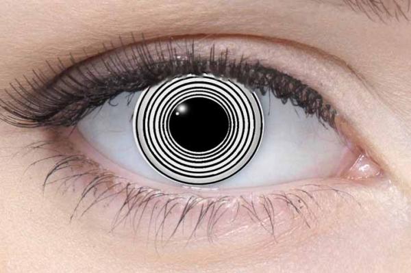 Coloured contact lenses costume contacts LIEBEVUE Black Spiral worn in the eye