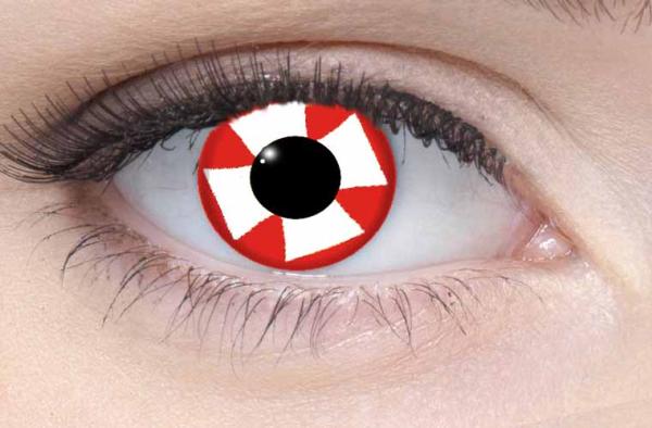 Coloured contact lenses costume contacts LIEBEVUE Red Cross worn in the eye