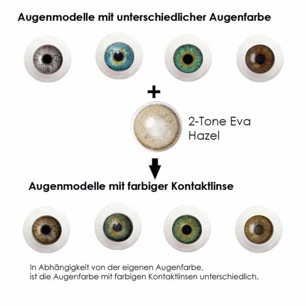 Coloured contact lenses LIEBEVUE 2-Tone Eva Hazel effect on 4 different eye colours