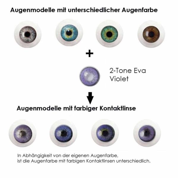 Coloured contact lenses LIEBEVUE 2-Tone Eva Violet effect on 4 different eye colours