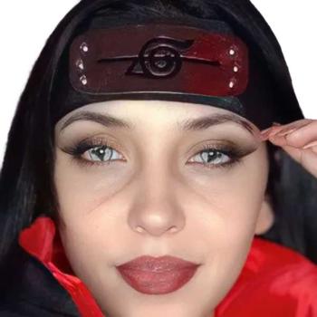 Woman wears the white Sharingan contact lenses from the Liebevue brand