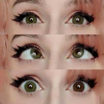 Model with brown eyes wearing green coloured contact lenses