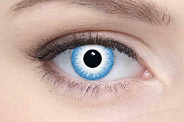 Coloured contact lenses costume contacts LIEBEVUE Lycan white blue worn in the eye