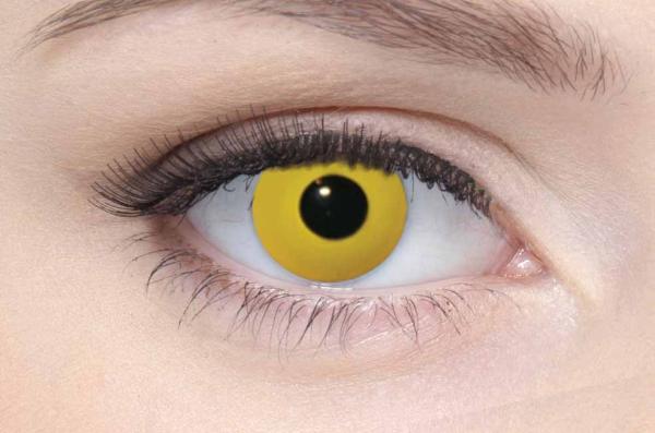 Farbige Kontaktlinsen Motivlinsen LIEBEVUE Colour Accent solid Yellow im Auge getragen
