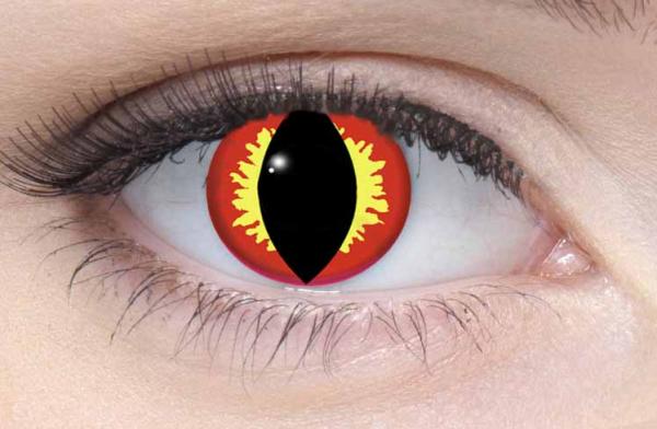 Farbige Kontaktlinsen Motivlinsen LIEBEVUE Dragon Eye Drachenauge rot gelb getragen