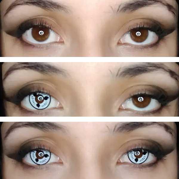 White Sharingan contact lenses on brown eyes